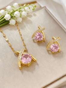 1 Set Edelstahl Rosa Anhänger Halskette & Ohrringe Schmuckset, vielseitiges luxuriöses Strass-Design Halskette Ohrringe Schmuck, Geschenk-Accessoires - Stil A – Einheitsgröße - Übersicht 4