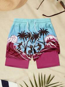 Men's Wave Print Double Layer Casual Beach Shorts - Multicolor - View 2