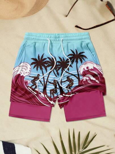 Men's Wave Print Double Layer Casual Beach Shorts