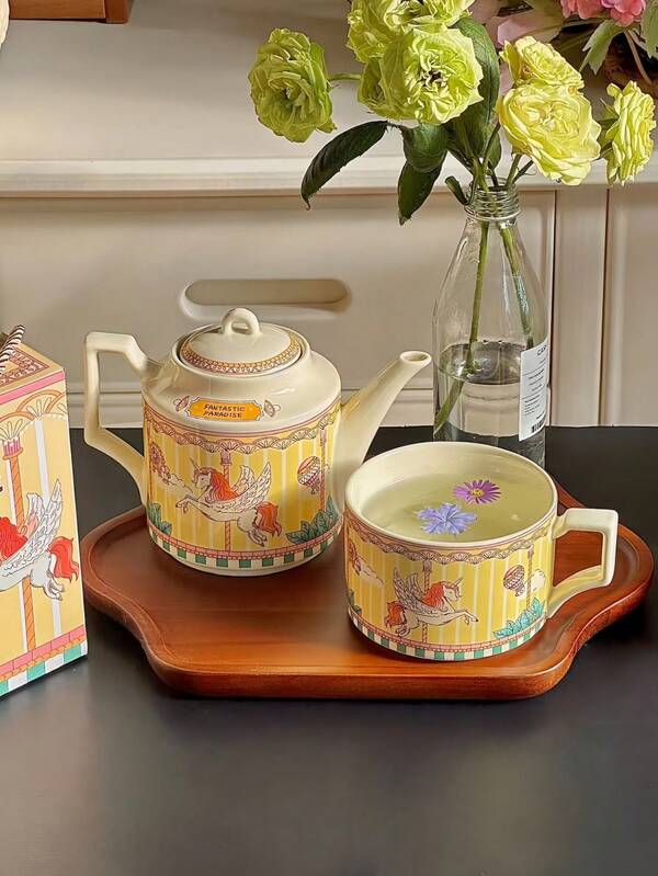 طقم إبريق شاي وكوب خزفي وصحن من الخزف عالي الجودة بشكل وحيد القرن، طقم شاي أنيق على الطراز الإنجليزي لوقت الظهيرة، طقم كوب وإبريق شاي على الطراز القصري، مناسب لوقت الشاي بعد الظهر، كوب قهوة وصحن، طقم شاي منزلي، هدية رائعة