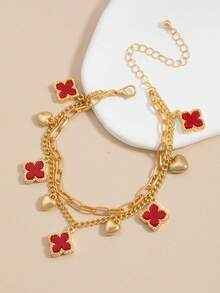 1pc Flower & Double-Layer Heart Pendant Anklet, Fashion Beach Style, Summer Holiday Gift For Women - Red - View 2