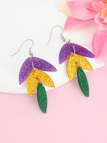 一对嘉年华紫色、黄色和绿色三色叶子亚克力耳环，完美的节日派对饰品