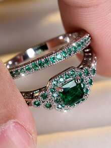 两件套波西米亚风绿色立方氧化锆订婚戒指套装，情侣款 - 婚礼和情人节的完美之选 - 戒指 - 查看 7