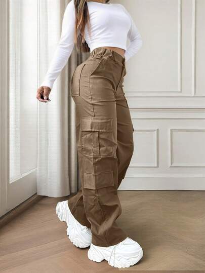 Brown Multi-Pocket Buttoned Casual Y2K Leisure Elegant And Cute Work Pants. Suitable For Back-To-School, Clubs, Birthday Parties, Halloween, New Year, Thanksgiving, Concerts, Gyms, Beaches, Vacations, Business, Daily Airport Wear, Street Style, Teacher's Day, Spring, Summer, Autumn And Winter.