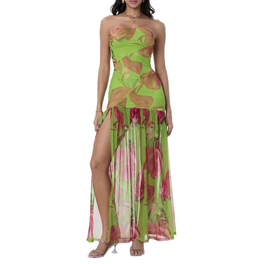 Women's Tube Top Dress Slim Strapless Backless Mesh Patchwork Tropical Leopard Print High Slit Long Dress for Party Club Night - Verde - Ver 1