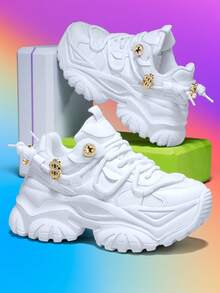 女士7厘米增高户外休闲运动鞋，时尚3D可拆卸装饰，包括金色星星和小熊，四季皆宜，EVA厚底，系带，白色高跟，轻便柔软减震防滑透气网布凉鞋，适合大学生、青少年、日常穿着、约会、健身、办公等场合，厚底运动鞋 - 白色 - 查看 9