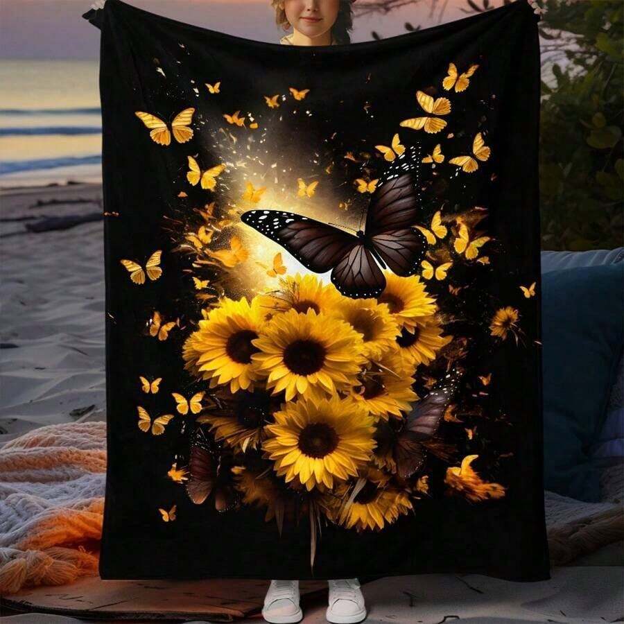 1pc Sunflowers & Butterflies Blanket - Lightweight Soft Warm Flannel Bedspread, Contemporary Bedspread With Vibrant Sunflower Print, Durable For All-Season /Outdoor Use, Machine Washable Cozy Bed Covering For, Camping, Sofa - - White - View 1
