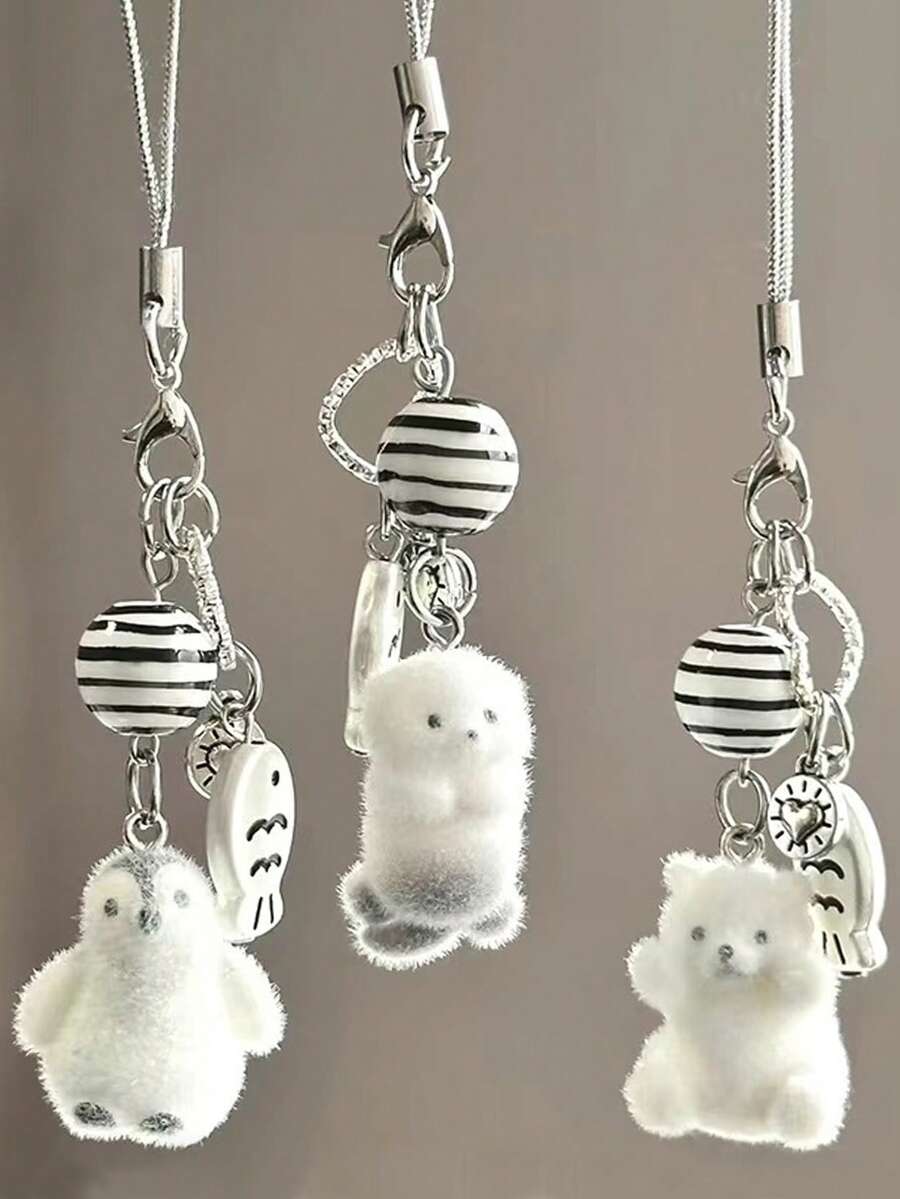 1pc Flocked Cartoon Keychain - Glacier Series, Polar Bear, Penguin, Sea Otter Pendant, Cute Bag Charm Gift - Multicolor - View 1