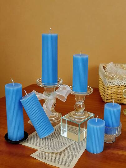Vela cilíndrica perfumada de cera de soja, set de velas aromáticas cilíndricas acanaladas, hermosa decoración moderna para el hogar, adecuada para el baño, la sala de estar (azul claro) Velas decorativas para el Día de San Valentín, set de decoración de velas cilíndricas para el Ramadán, decoración central de velas para fiestas, adecuado para regalar a mujeres, amigos y regalos de invierno