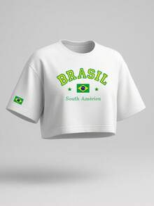 Women's Oversized Cropped Top – Brazilian Flag, Premium Print, Casual Fashion - trắng - Xem 1