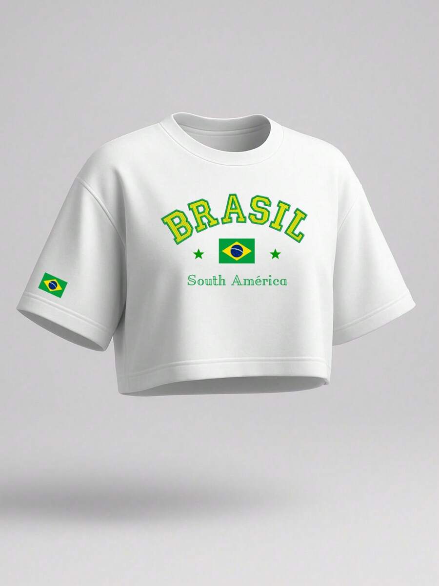 Women's Oversized Cropped Top – Brazilian Flag, Premium Print, Casual Fashion - trắng - Xem 1