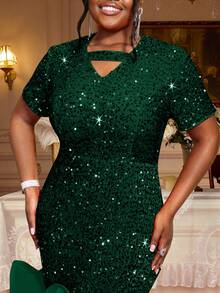 Plus Size Sequin Mermaid Ruffle Hem Gorgeous Festival Party Dress Short Sleeve Wedding Guest Outfits - Màu xanh lá cây đậm - Xem 4
