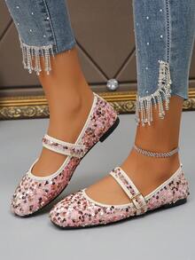 Plus Size EU35-43 Fashionable Sequin Square Toe Flat Shoes, Slip-On Casual Wear, Suitable With Dresses, Multi-Color Patterns Random - Pink Gold Glitter - View 6