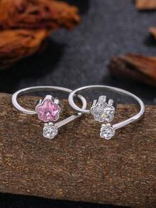 Anillo de trébol con doble cristal, anillo abierto con contraste de rosa y blanco, accesorio versátil y fresco para el día a día - Rojo y blanco - Ver 4