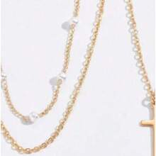 2pcs Women's Faux Pearl & Cross Pendant Necklace Set - Layered Y2K Aesthetic Jewelry, Adjustable Chain Choker,  Religious Charm Accessory For Daily Wear & Party (Random Pearl Quantity) - 金黃色 - 查看 4