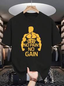 Men' No Pain No Gain Bodybuilding T-Shirt Gym Motivation Print Casual Round Neck Summer Workout Tee Suitable For Gym Casual Wear - Black - View 2