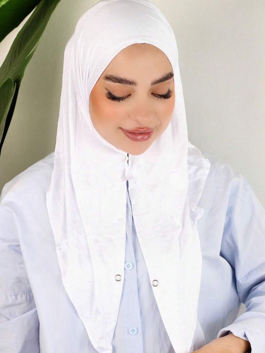 1pc Instant Triangle Hijab, One-Piece Button Headscarf. Quick Wrap, Non-Slip. No Undercap, No Folding. Suitable For Hijab Outfit, Daily Wear, Prayer, And Outings