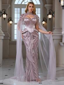 Elisanya 缎面珠饰亮片刺绣蕾丝优雅性感露肩鱼尾鸡尾酒礼服，适合鸡尾酒会、聚会、晚宴等场合。 - 藕粉色 - 查看 7