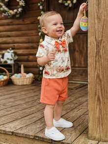 Conjunto de 2 piezas de Pascua para niños, con estampado de huevos de conejito de verano, top de manga corta con cuello vuelto y pantalones cortos - Naranja - Ver 5