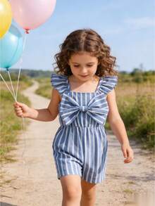 Baby Girl Blue & White Striped Sleeveless Romper, Spring/Summer - Baby Blue - View 2