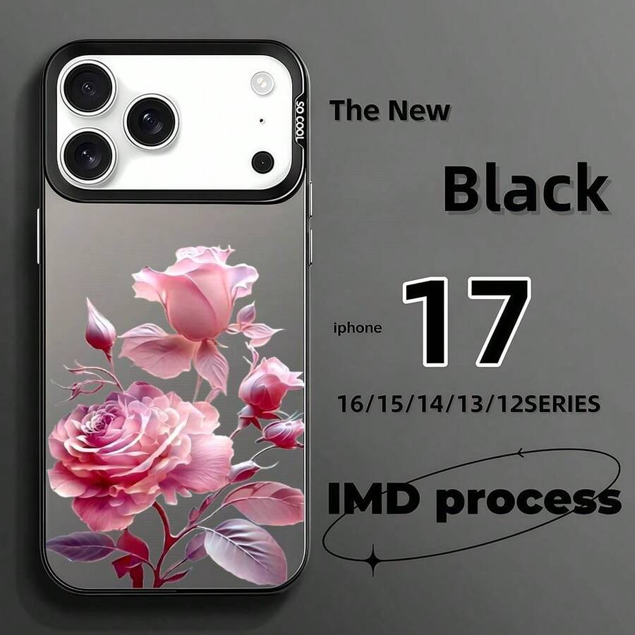 Personality Cartoon Pink Rose Flower For IPhone 17/16/15/14/13/12 Pro Max/Plus/Air With Fashion Full-Cover Protective Case Anti-Fall And Anti-Slip TPU Soft Case Creative Dopamine Color Mobile Phone Case Matching Cute Rose Pattern Romantic Culture Valentine's Day Technology Multiple Color Options - Transparent Silvery - View 1