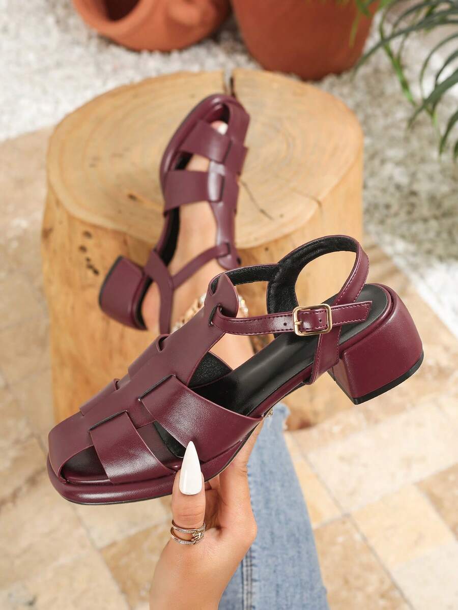 Giày sandal đế xuồng cao gót dày màu đỏ tía dành cho nữ, kiểu dáng thời trang công sở, giày dệt kim mùa xuân/hè mới, sandal đế xuồng đa năng, sandal chiến binh quai ngang mắt cá chân mũi tròn, sandal đế xuồng thoáng khí thoải mái, thích hợp cho đi chơi hoặc nghỉ lễ. - Màu Đỏ Sâu - Xem 1