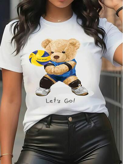 Women's Short Sleeve T Shirt Cute Teddy Bear Volleyball Print Crew Neck Casual Tee Let's Go Slogan Graphic Top For Summer Daily Wear