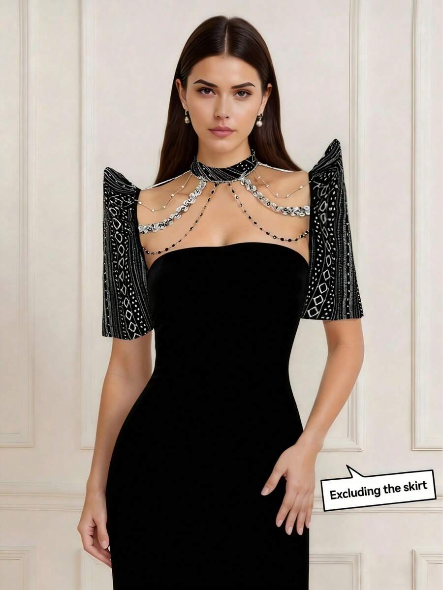 Amyenjoylife 现代菲律宾风蝴蝶袖可拆卸袖时尚优雅女士露肩上衣（不含裙子） - 黑色 - 查看 1