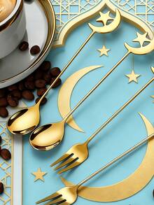 12pcs Stainless Steel Coffee Spoons, Moon & Star Pattern, Dessert Spoons, Mixing Spoons, Perfect For Afternoon Tea And Ramadan Gifts