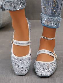 Plus Size EU35-43 Fashionable Sequin Square Toe Flat Shoes, Slip-On Casual Wear, Suitable With Dresses, Multi-Color Pattern Designs, Spring/Autumn - Silver Base-silver Sequins - View 6