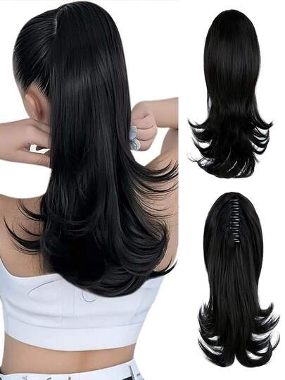 Ponytail Extension Claw Clip In Hairpiece For Women Natural Straight Synthetic Hair Pony Tails High-Resistant Fiber Hair For Girls BLACK