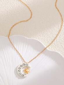 1件时尚日月水钻吊坠项链，优雅简约设计，适合日常、派对、约会等各种场合佩戴。 - 彩色 - 查看 3