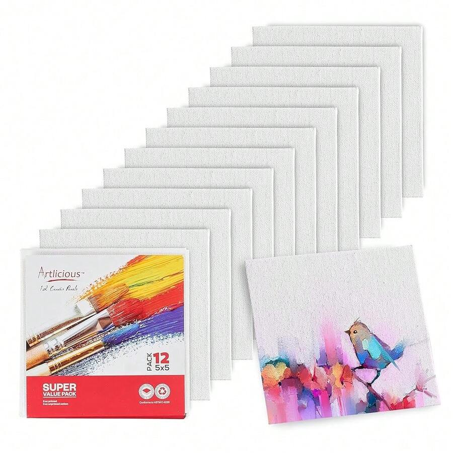 Small Canvases For Painting - Pack Of 12, 5 X 5 Inch Blank White Canvas Boards - 1OO% Cotton Art Panels Mini Canvas Bulk For Oil, Acrylic & Watercolor Small Canvas For Painting - 5x5吋-12片 - 查看 1