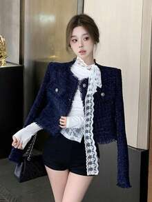 美式性感辣妹蕾丝斜肩长袖T恤，修身打底衫，女士春秋季款 - 白色 - 查看 7