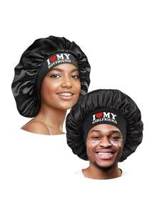 1/2pcs Silk Hair Bonnet For Couple Printed I LOVE MY Girl /Boy Friend Black Wide Brimmed Basic Satin Bonnet Valentine's Day Valentines - Multicolor - View 1