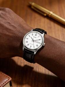 Men's Quartz Watch, Genuine Leather Strap, White Roman Numeral Dial, Date Display, Three-Hand Analog Wrist Watch, Suitable For Daily, Casual And Other Occasions MTP-V006L-7B - White - View 3