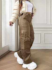 Brown Pocket Button Elegant Casual Commute Minimalist Y2K Petite Cargo Pants, Suitable For Outings, Clubs, New Year, Teacher's Day, Back To School, Birthday Parties, Daily Office, Travel, Country Music Concerts, Tea Parties, Airports, Sports & Fitness, Spring/Summer/Autumn/Winter - Brown - View 7