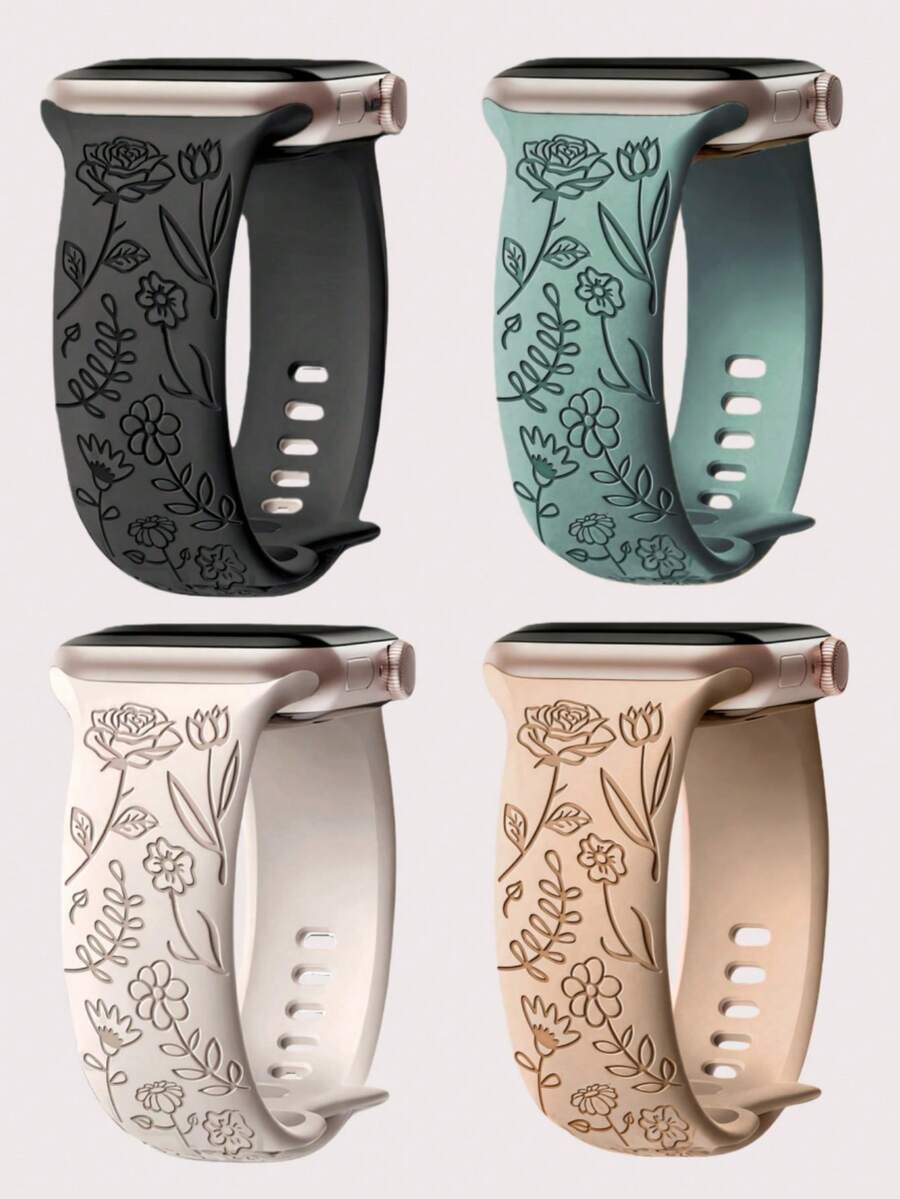4件裝花卉雕刻錶帶，相容 49mm 46mm 45mm 44mm 42mm 41mm 40mm 38mm，波希米亞可愛玫瑰矽膠錶帶，適用 Series Ultra 11 10 9 8 7 6 5 4 3 2 1 SE，女款男款，返校季