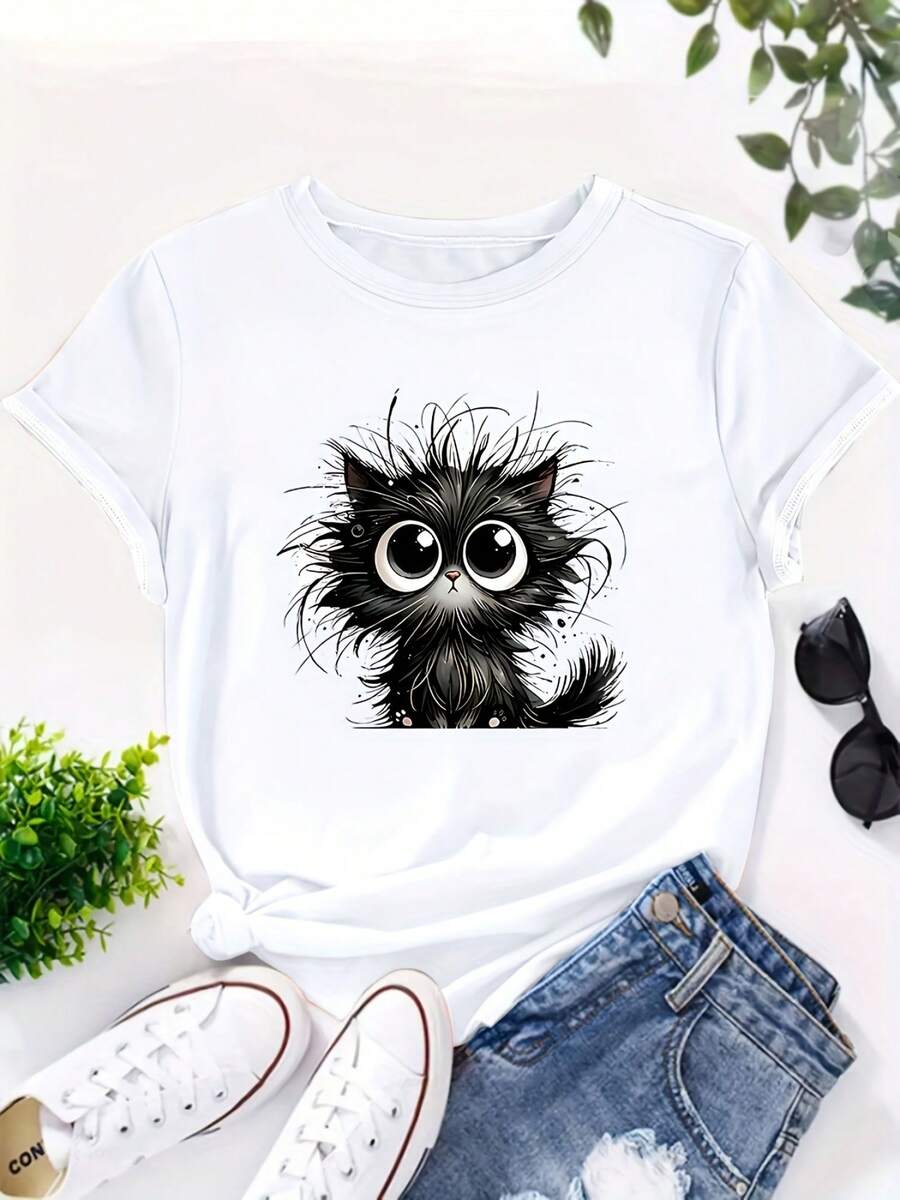 0-8XL Women Casual Short Sleeve T-Shirt Cute Cat Print Round Neck Breathable Tee Machine Washable All-Season Comfort Fit For Casual Attire Ladies T Shirts Comfortable Fit Versatile Top Playful Design Durable Construction Printed Top Fashion Enthusiasts - 白色1 - 查看 1
