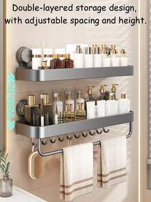 1pc Wall-Mounted Shower Caddy (With Suction Cups), With Towel Hooks, Space-Saving Bathroom Organizer For Shampoo, Soap, And Toiletries, Bathroom Shelf And Storage Box, Bathroom Tray