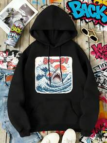 Premium cotton Shark Graphic Wave print hoodie, loose fit, street hip-hop, comfortable, statement print - Preto - Ver 2