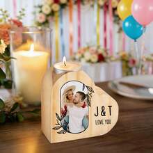 1pc Customized Wooden Candle Holder, Can Customize With Personal Photo, Name, Text, Date, Anniversary Decor, Heart-Shaped, Gift For Girlfriend/Boyfriend/Dad/Mom, Festival/Birthday/Valentine's Day - Multicolor - View 4