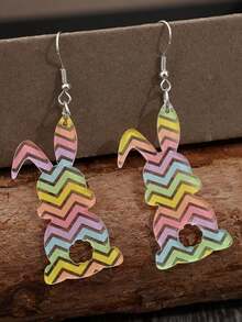 Nuevos y creativos pendientes de conejo con orejas en colores de caramelo, con diseño floral y de rayas coloridas para Pascua - Lindo conejito - Ver 2