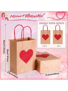 1/6/12/20pcs Valentine's Day Gift Bags With Handles, Kraft Paper Heart Shape Pattern, Valentine's Day Small Gifts, Wedding Favor Packaging, Party Supplies - Multicolor - View 8