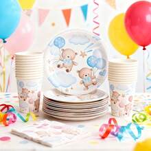 80件套可爱小熊性别揭晓主题一次性餐具套装，包含一次性餐盘、餐巾纸和纸杯，非常适合情人节、露营、露台烧烤、野餐、婚礼、派对和生日、休闲聚会、下午茶等场合，也适合派对装饰和生日装饰。 - 彩色 - 查看 9