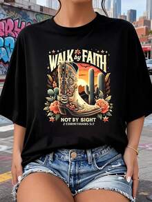 Botas de vaquero cristianas de estilo occidental, camiseta Walk by Faith Not by Sight 2026, nuevas camisetas impresas para mujeres, estilos populares, camisetas de primavera para mujeres, camisetas de invierno, camisetas de para mujeresás vendidas - Negro - Ver 8
