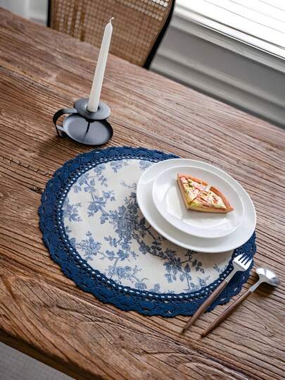 1/2/4/6pcs French Blue Rose Print Lace Edge Hollow Design Round Placemats, High-End Heatproof Mats For Family Gathering, Dinner Party, Restaurant Decor, Photography Backdrop, Couples