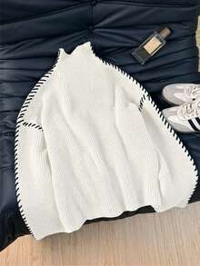 Áo len cổ cao tối giản nữ EAVA, dáng rộng phong cách đa năng, phong cách đường phố thường ngày, chi tiết may thủ công tinh xảo màu trắng - trắng - Xem 3