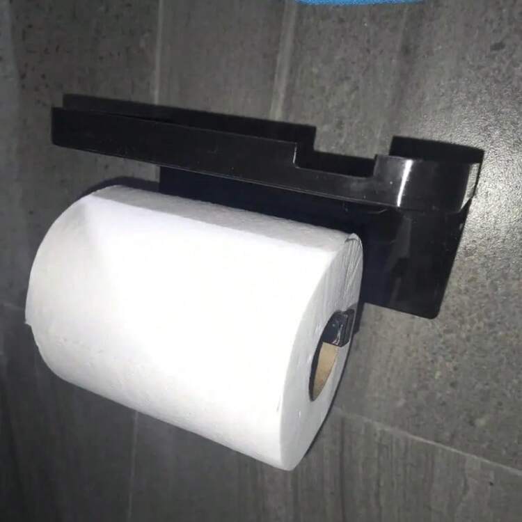 1pc Wall-Mounted Perforated Toilet Paper Holder And Multi-Function Storage Rack - Self-Adhesive Bathroom/Kitchen Paper Towel Holder, Towel Organizer, Space-Saving Black Plastic Rack, Suitable For Small Spaces (Hotel, Home) - Multicolor - View 7