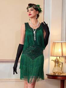Vestido de fiesta con flecos y decoración de lentejuelas en escote en V, estilo Flapper de los años 20, con set de accesorios - Verde - Ver 7